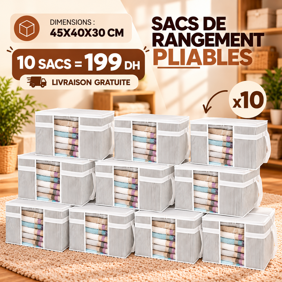 Lot de 10 sacs de rangement décoratifs pour vêtements, 45 L