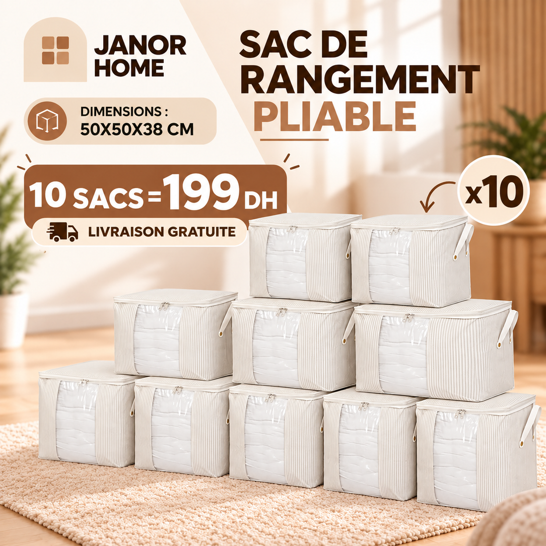 Lot de 10 sacs de rangement décoratifs, 90 L