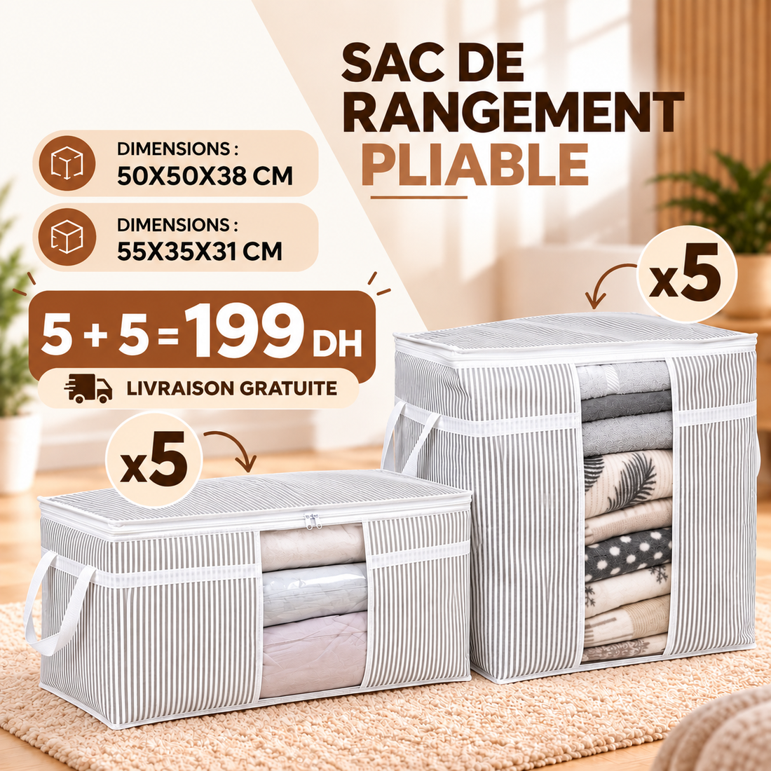 Pack 5 + 5 sacs de rangement décoratifs pour couvertures, 60 et 90 L