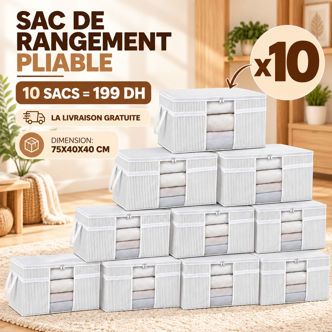 Lot de 10 sacs de rangement décoratifs, grand format 60 L