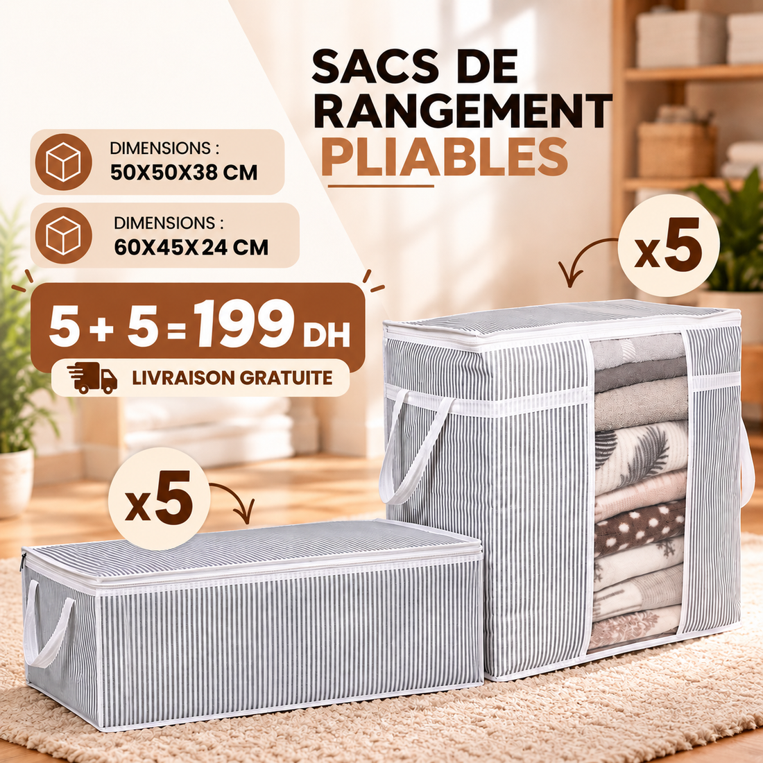 Pack 5 + 5 sacs de rangement décoratifs, très grand et moyen formats