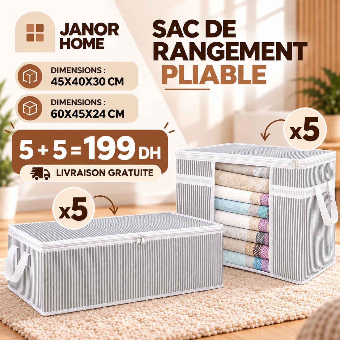 Pack 5 + 5 sacs de rangement décoratifs, petits et moyens formats